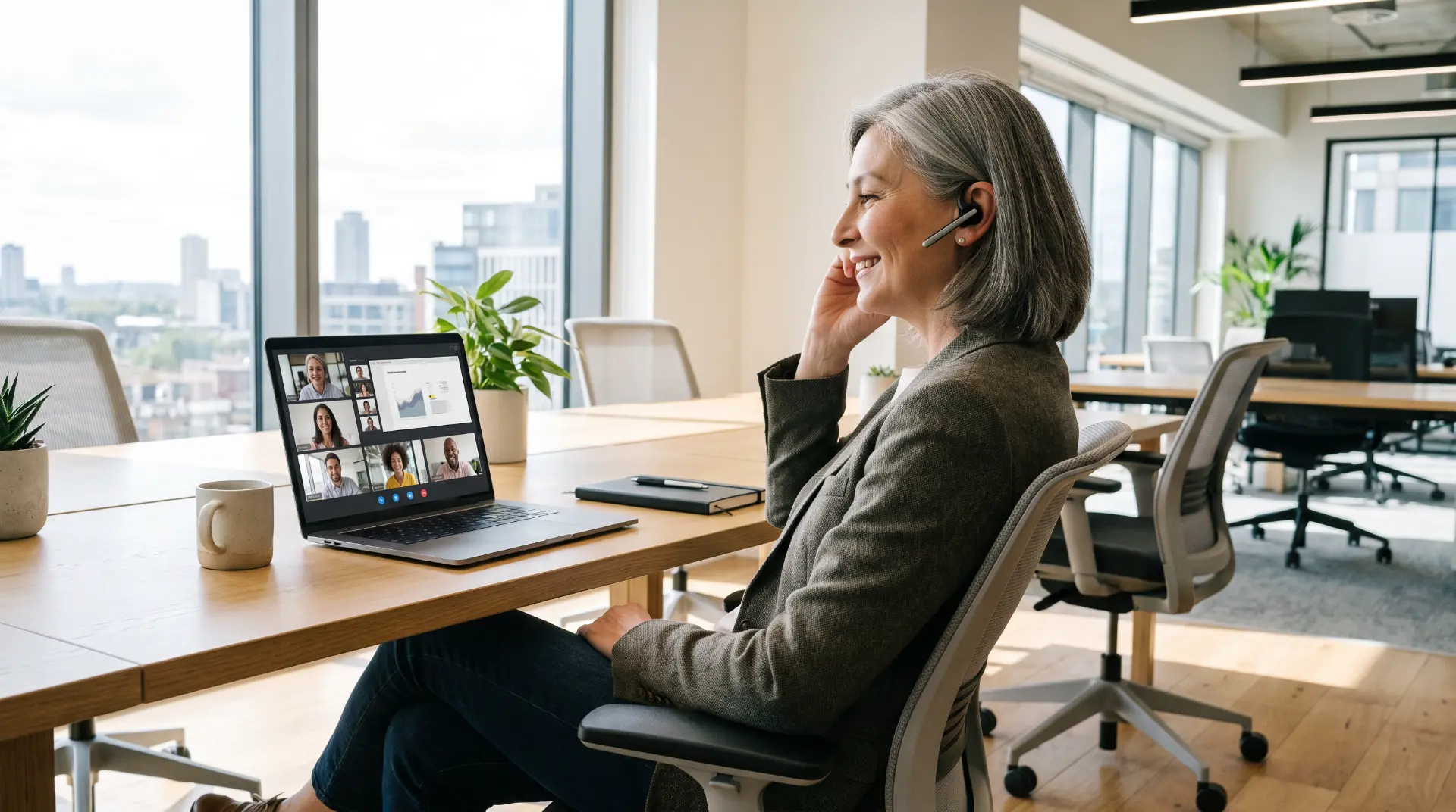 Professional using a headset while joining a video meeting from a modern office
