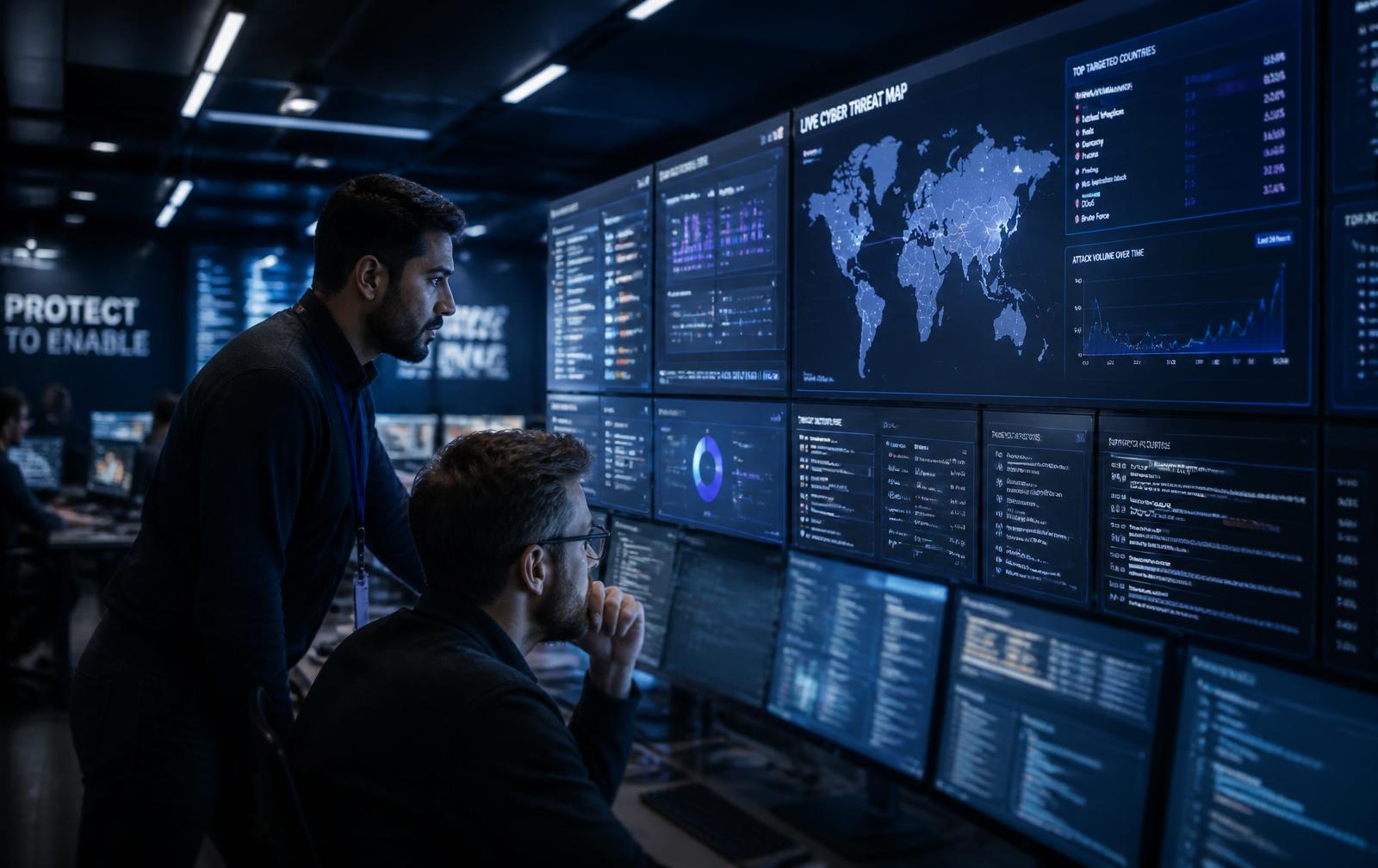 Security Operations Centre analysts monitoring live threat intelligence