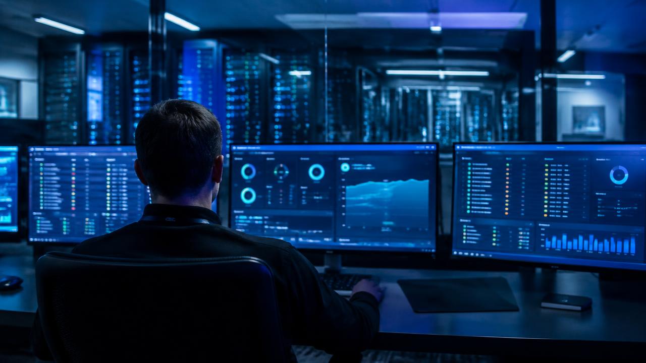 Security engineer reviewing server patch status dashboards in a security operations centre