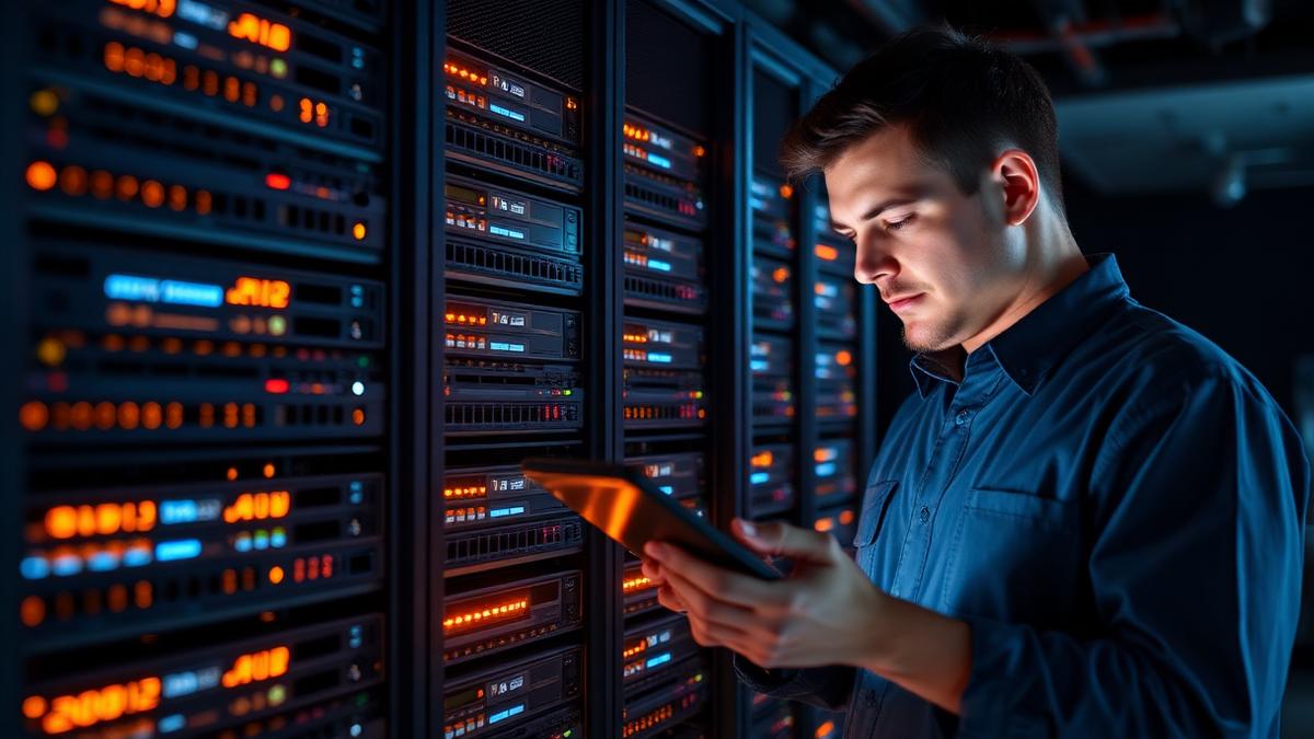Engineer verifying a data restore against backup storage arrays