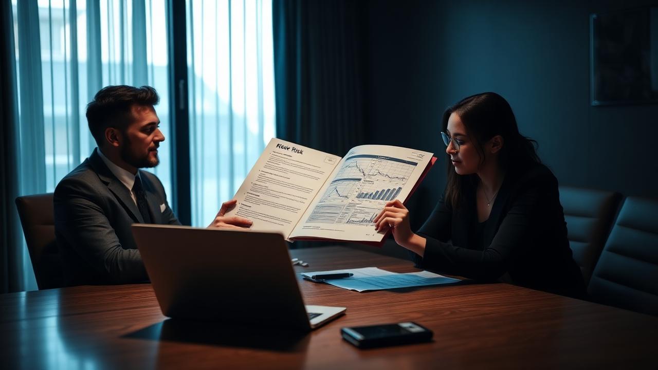 Two business professionals reviewing a cyber risk document in a boardroom