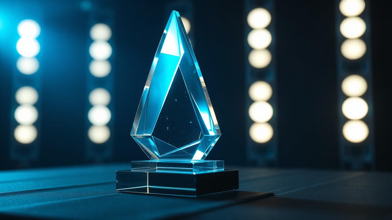 Crystal award trophy lit under cyan stage lighting