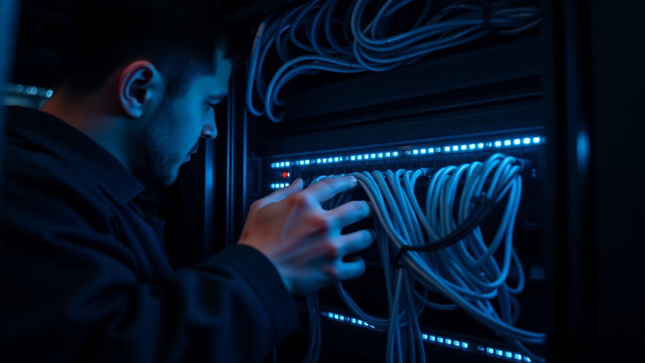 A network engineer cabling a managed firewall appliance in a rack