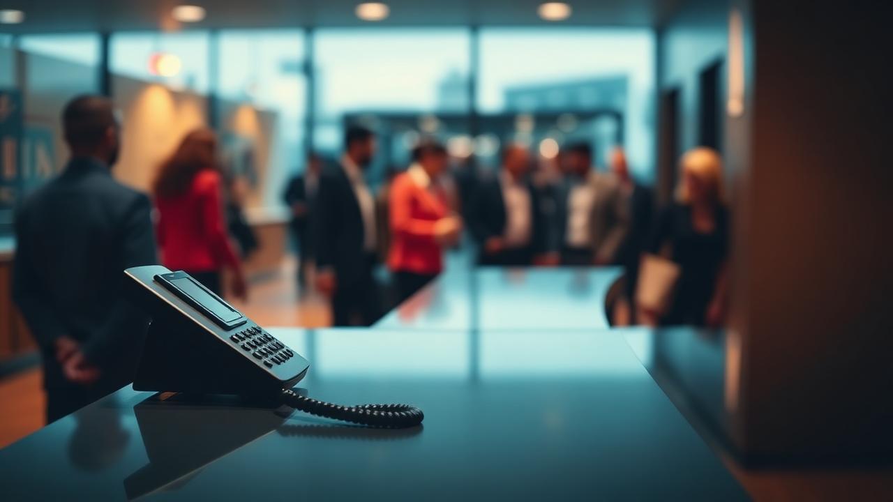 Empty reception desk with a ringing phone nobody is answering