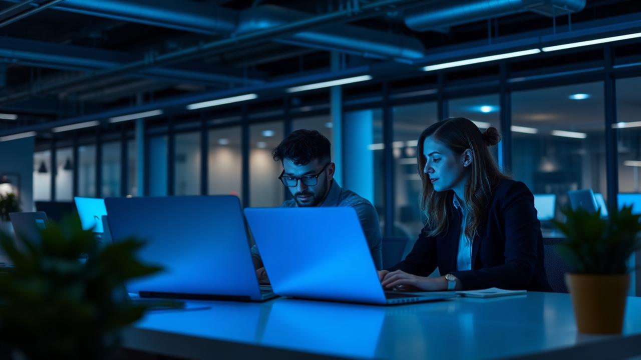 Colleagues working securely on laptops in an open-plan office