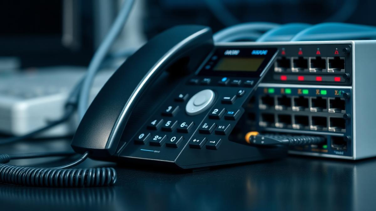 VoIP desk handset connected to a business network switch