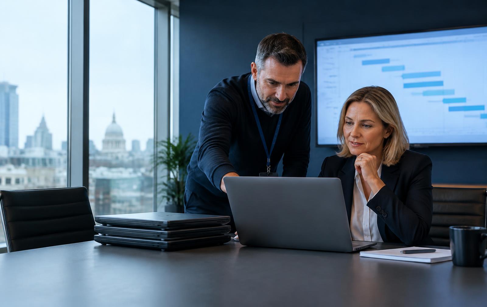 Finance director and IT specialist reviewing a laptop rollout plan in a meeting room